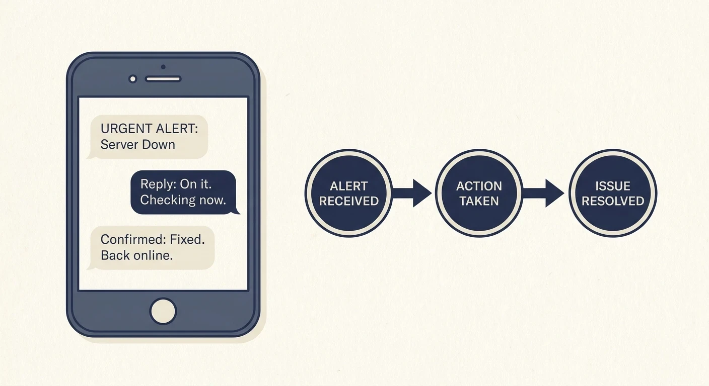 A phone showing an automated SMS triage message sent after a missed call